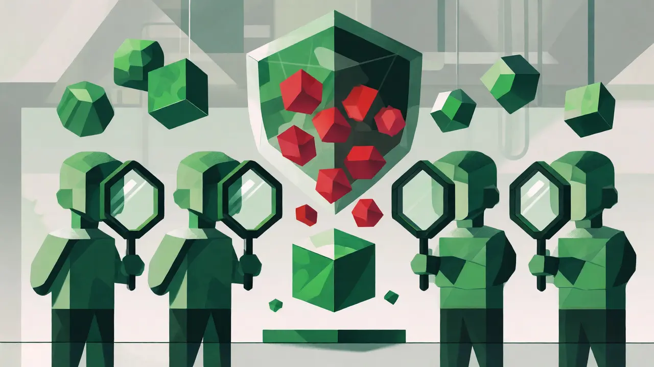 Geometric avatars verifying AI outputs through a filtering shield mechanism.