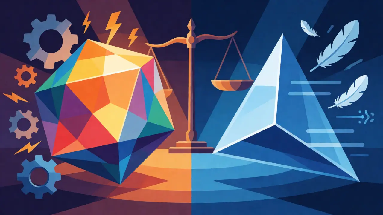 Geometric comparison of bulky versatile AI models versus sleek specialized tools