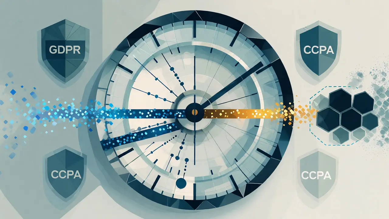 Geometric illustration of automated data lifecycle management with time-based deletion rules.