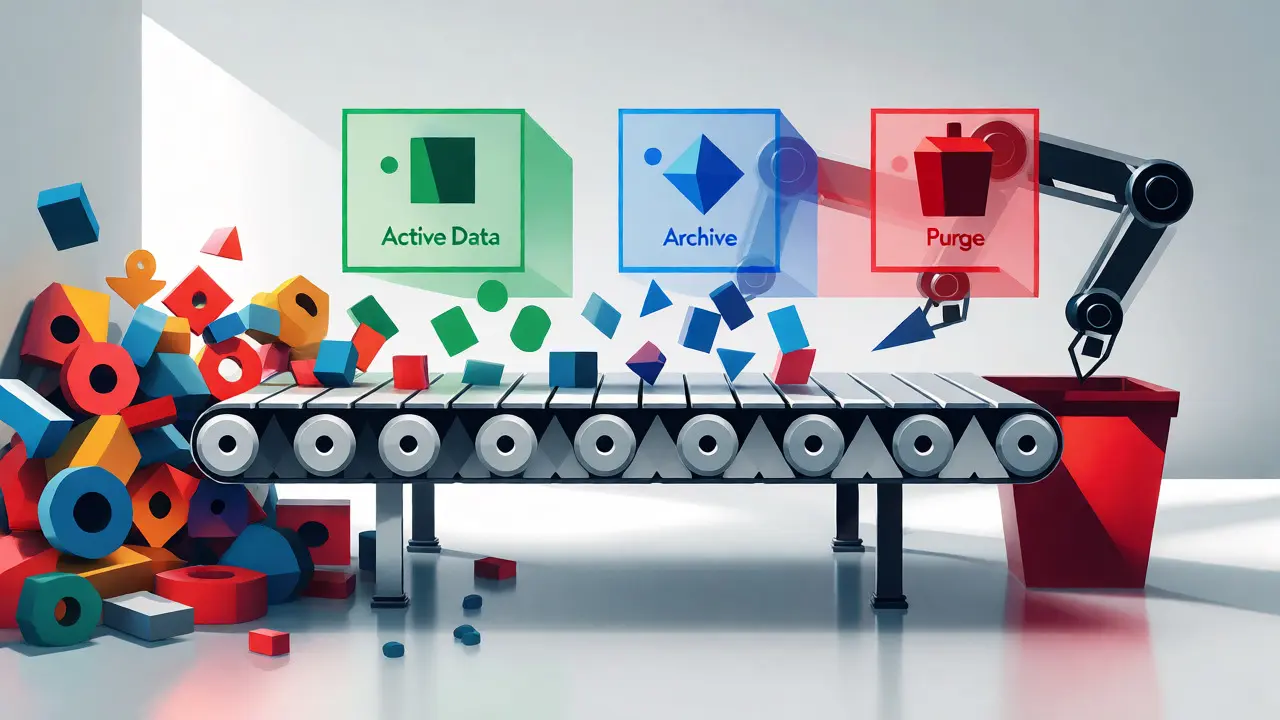 Geometric illustration showing data being sorted into active, archive, and purge categories.