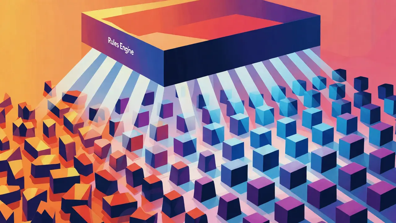 Geometric visualization of rules files organizing chaotic code elements into order.