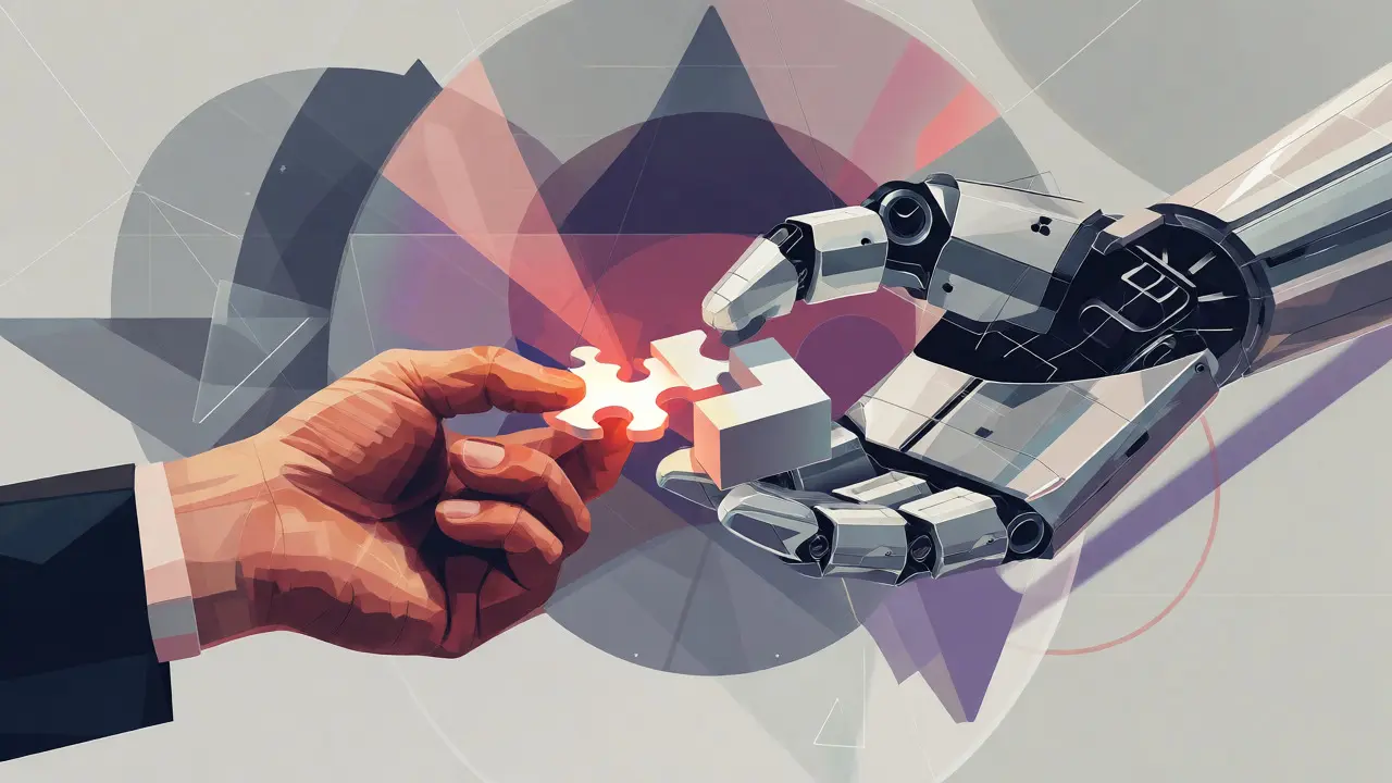 Human hand refining a raw data block offered by a robotic arm in geometric style.
