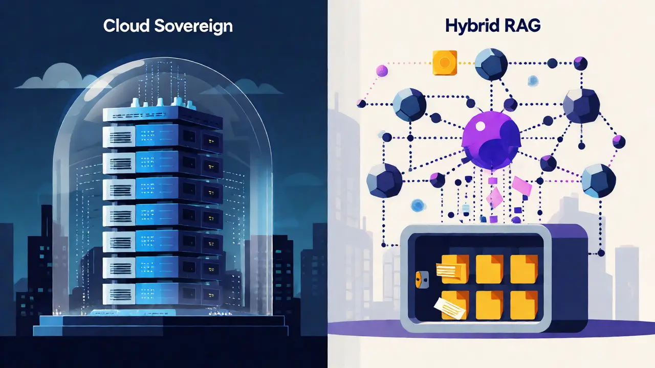 Illustration comparing cloud sovereign regions with hybrid RAG architecture for local data storage.