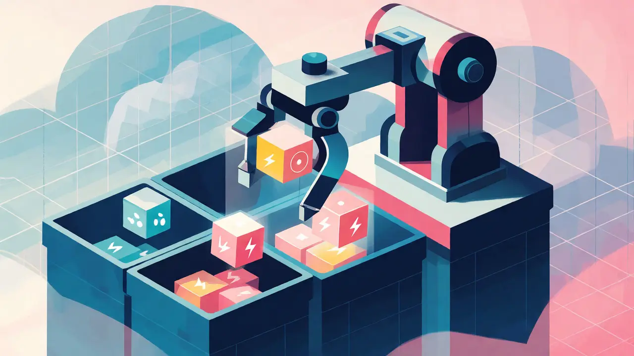 Illustration of automated systems sorting data anomalies in a future AI security context