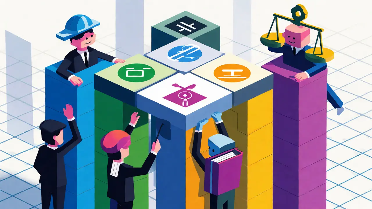 Illustration of four geometric pillars supporting a collaborative LLM team structure.