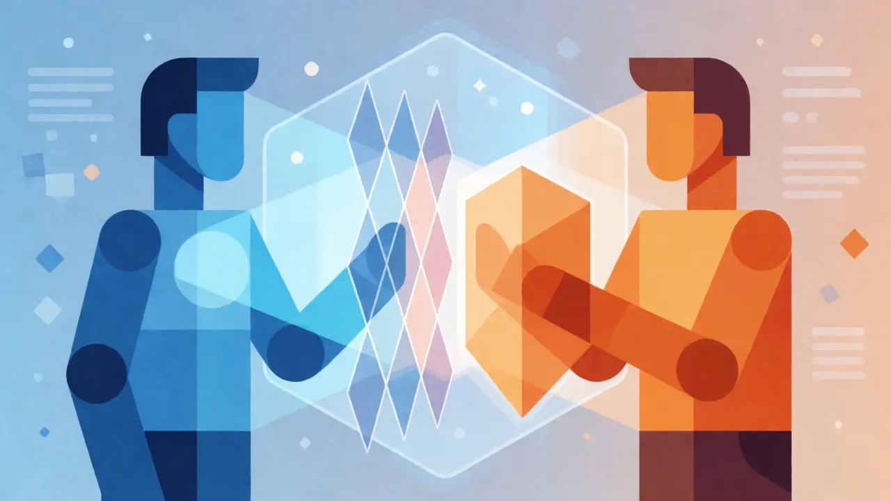 Illustration of human oversight controlling AI outputs through geometric filters.