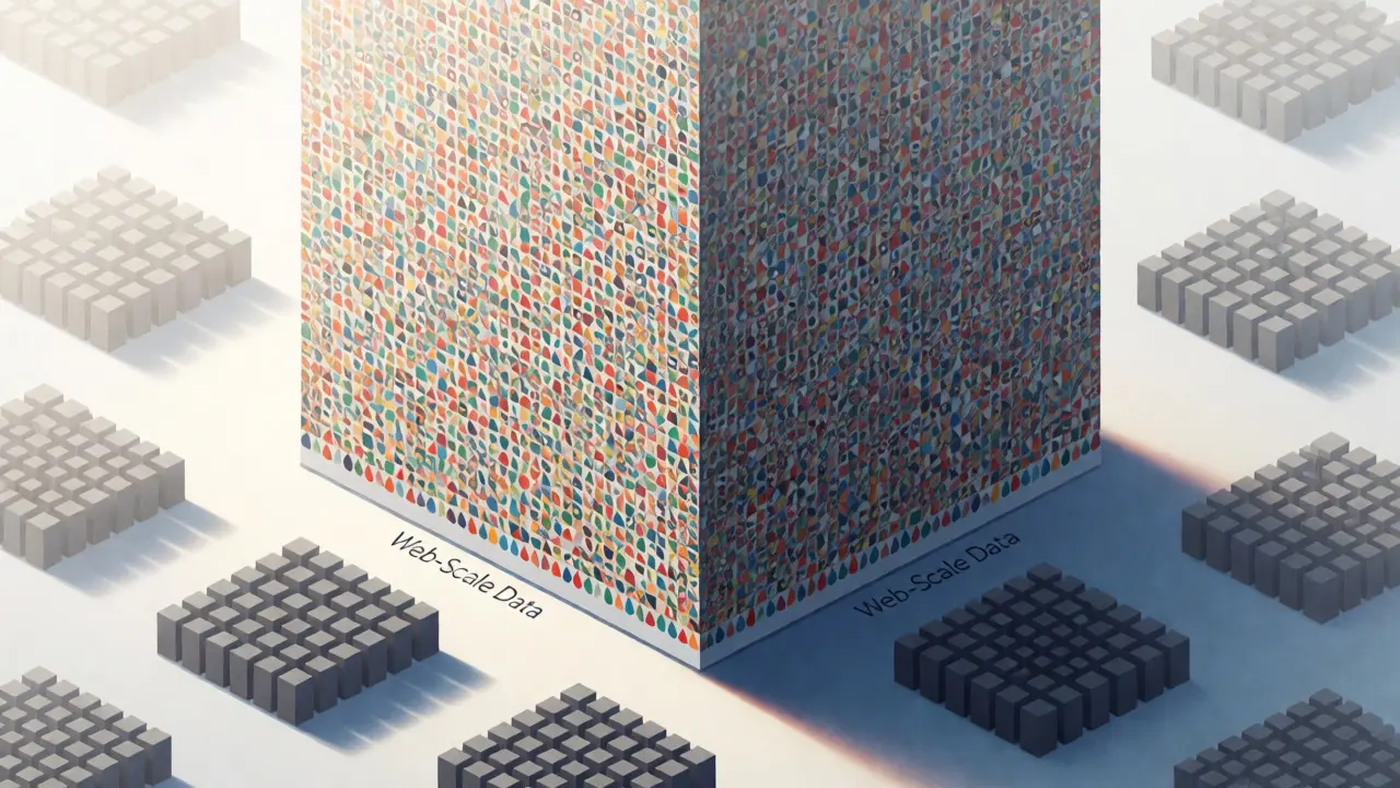 Illustration of massive diverse data structures overshadowing small specific datasets