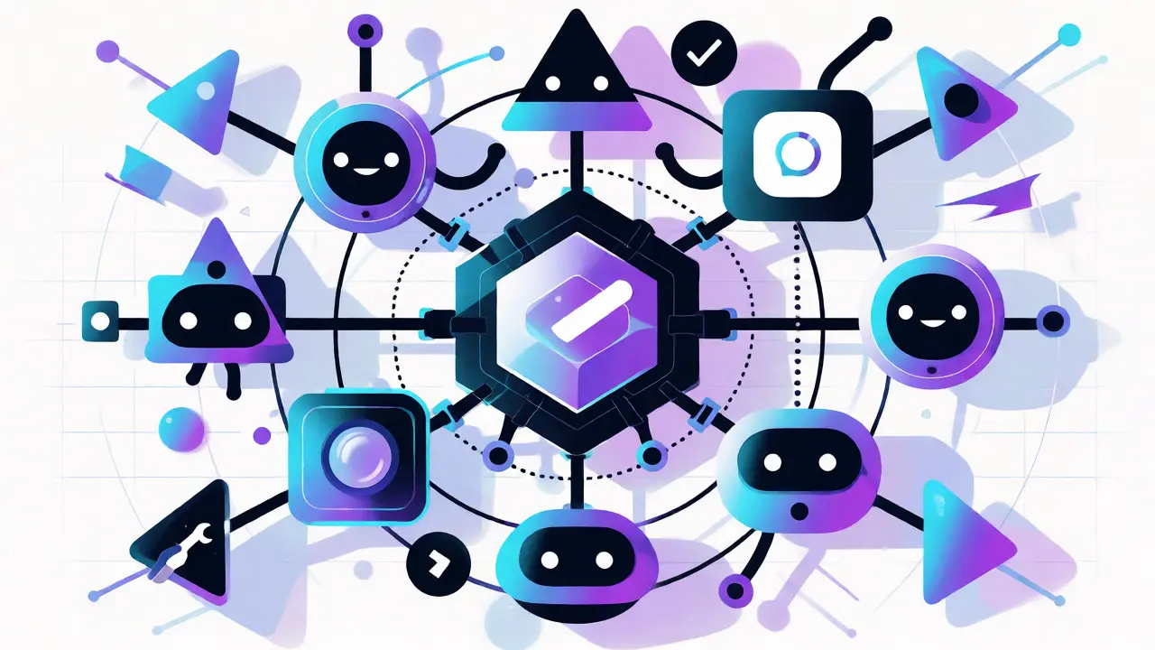 Illustration of multi-agent AI systems collaborating around a central development hub