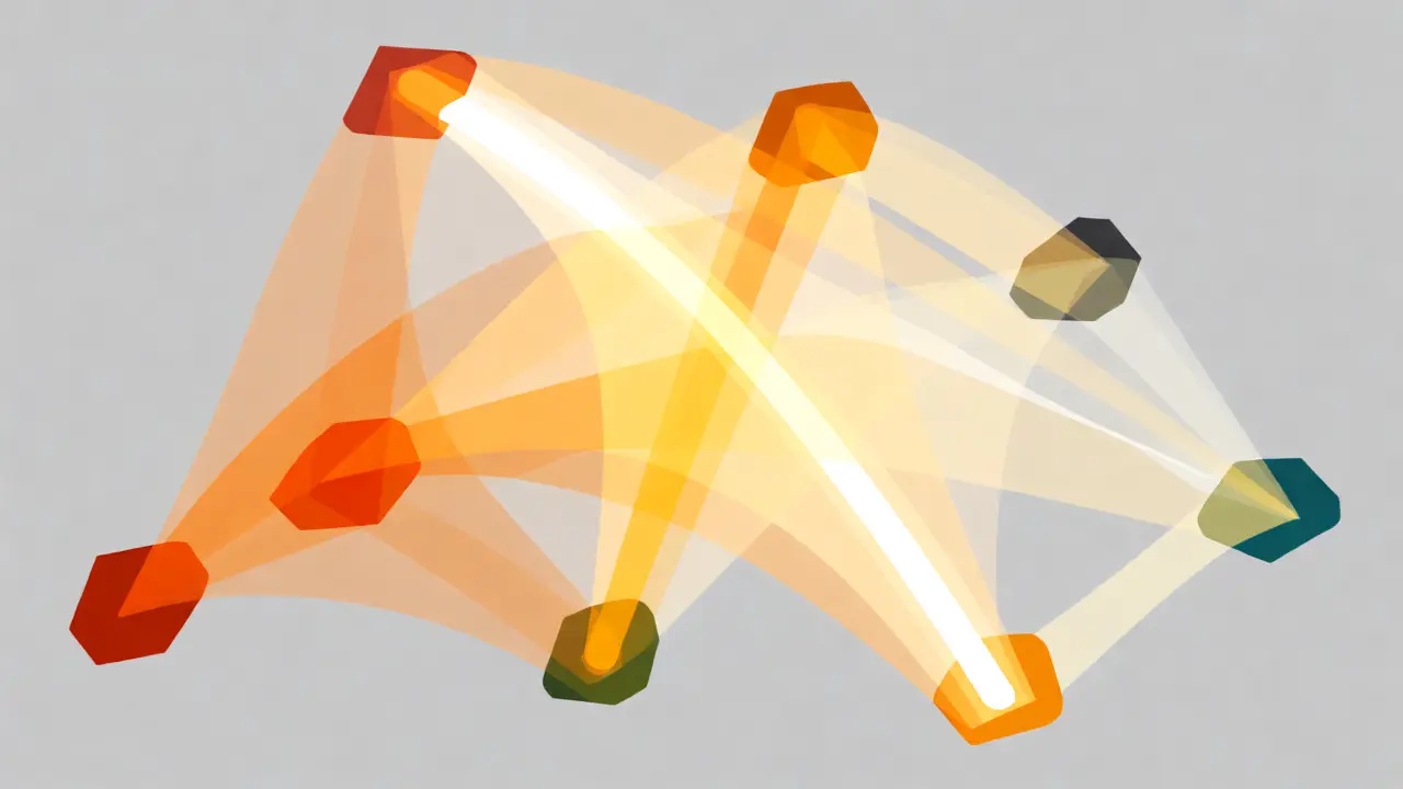 Illustration of self-attention mechanism with glowing beams connecting tokens based on relevance.