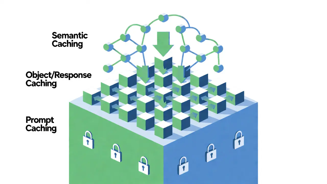 Isometric geometric diagram illustrating three layers of AI caching architecture and flow.
