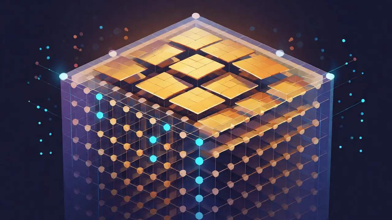 Isometric view of a transformer block being repaired by inserting golden low-rank matrix layers.