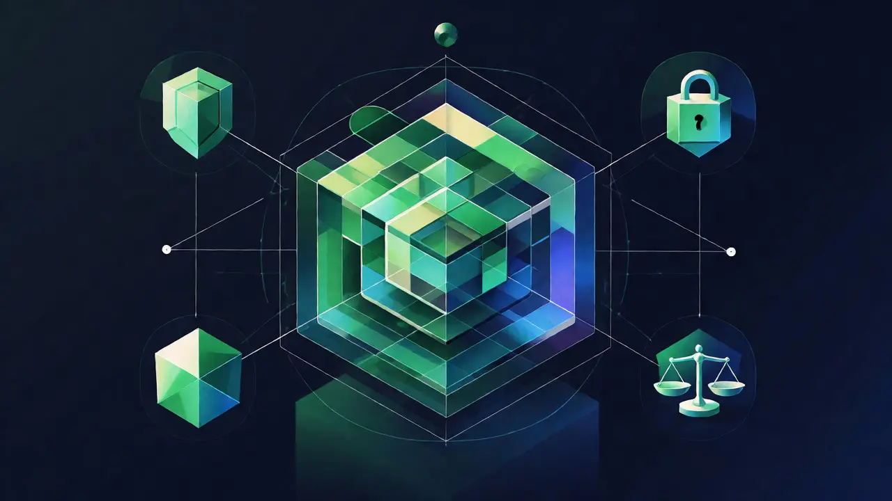 Layered geometric shield structure representing defense-in-depth security principles.