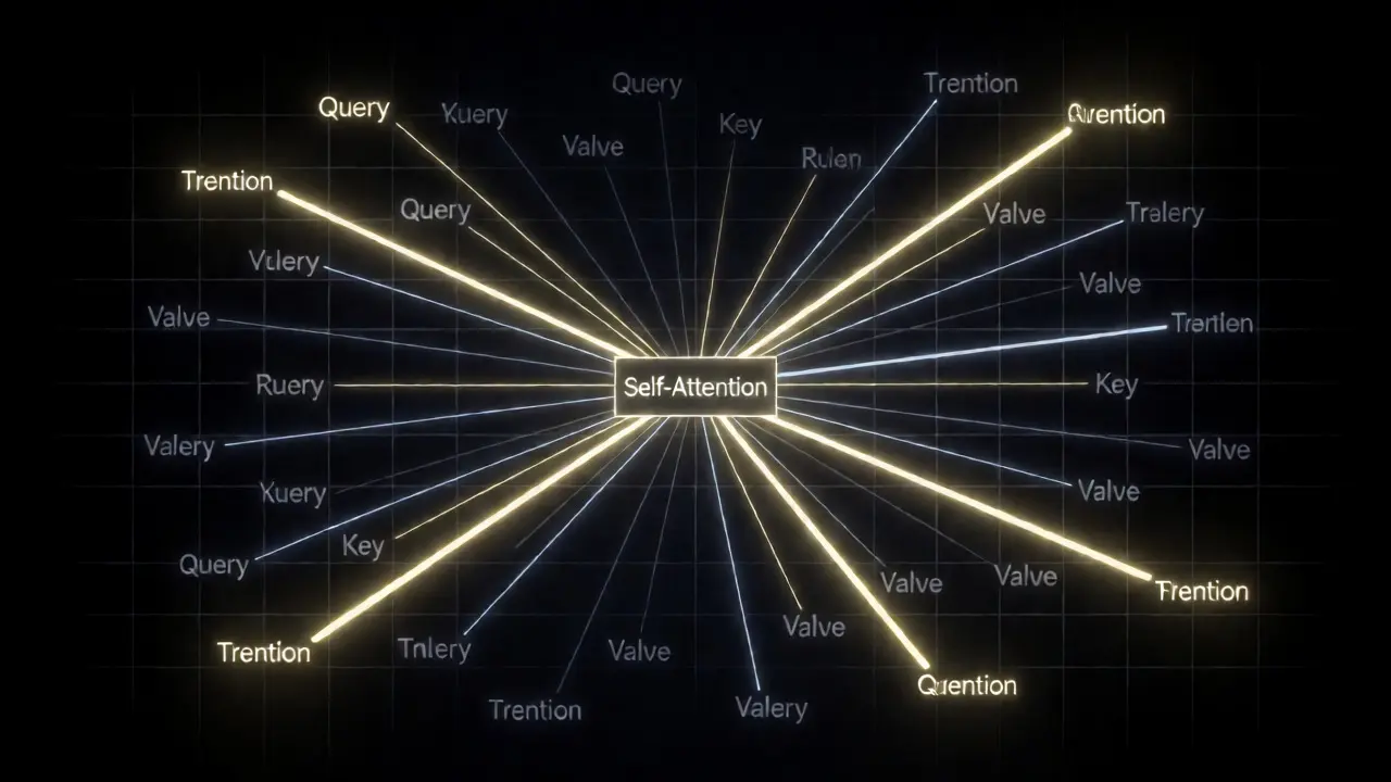 Neon lines connecting word nodes illustrate self-attention weighting in Transformers.
