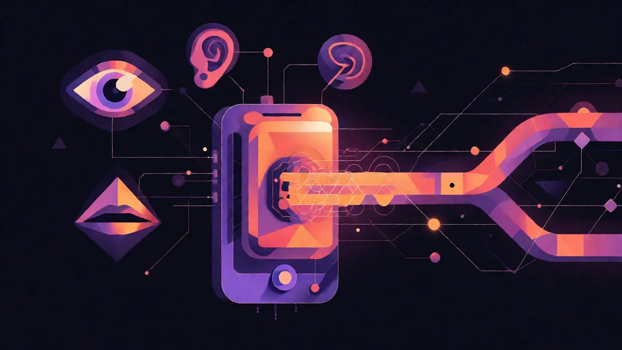 Smartphone connecting eye, ear, and voice symbols via unified geometric pathways