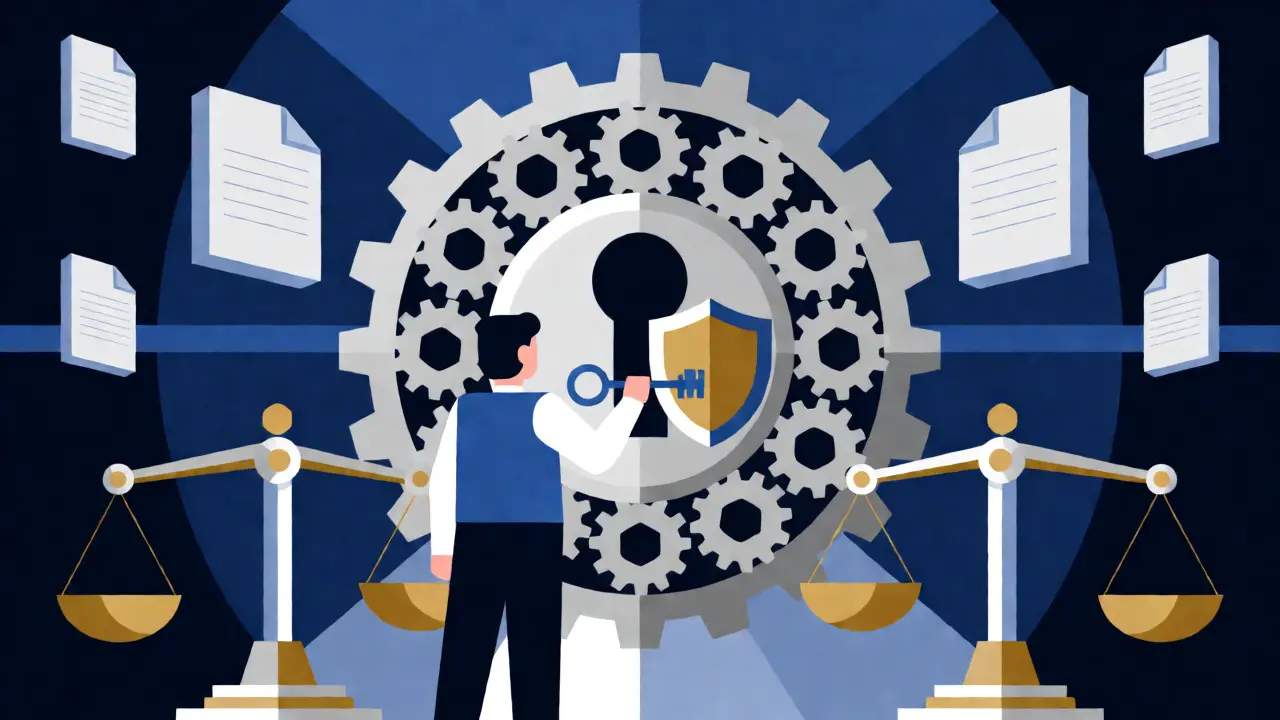 Stylized illustration of a figure unlocking a complex gear mechanism representing regulatory compliance.