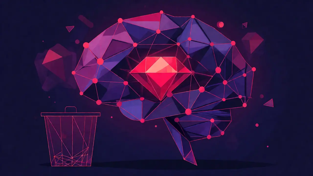 Visual metaphor for model memorization where data persists in AI weights despite log deletion.