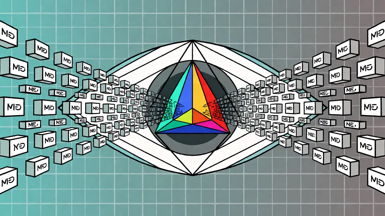 Abstract geometric art depicting bidirectional context processing with a central eye merging word streams.