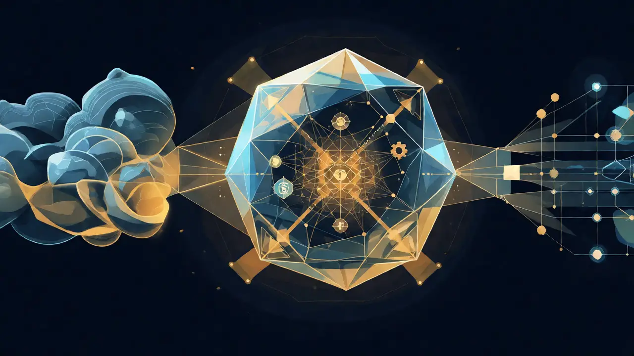 Abstract geometric depiction of a central knowledge base connecting to an AI model and structured outputs.