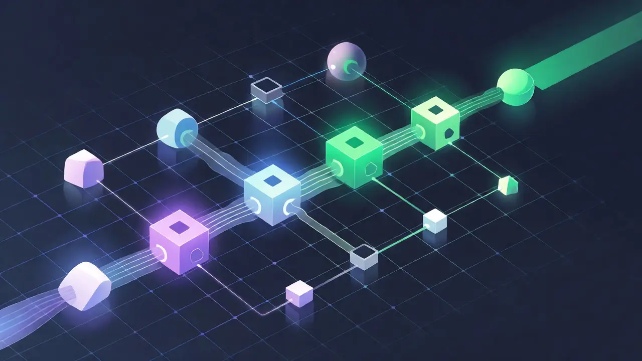 Abstract geometric network showing LLM agent workflow and data flow