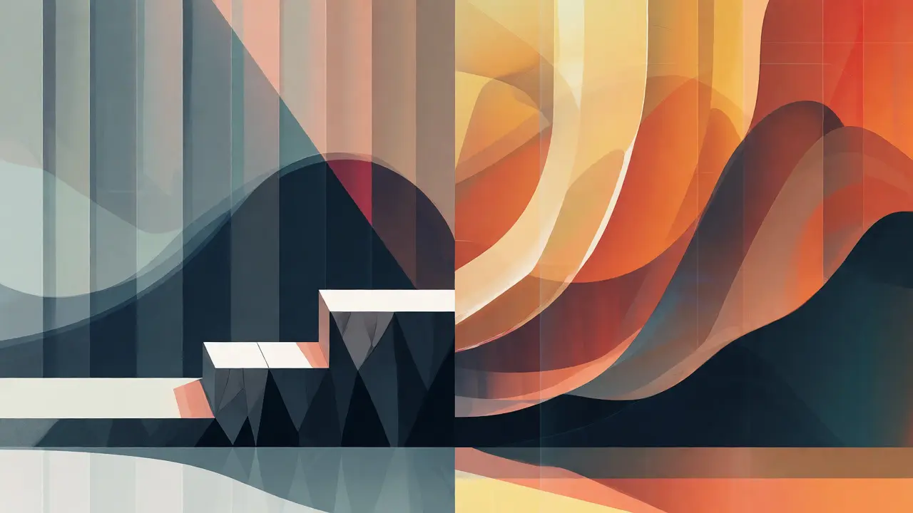 Abstract geometric scene contrasting jagged metric cliffs with smooth underlying curves of AI progress.