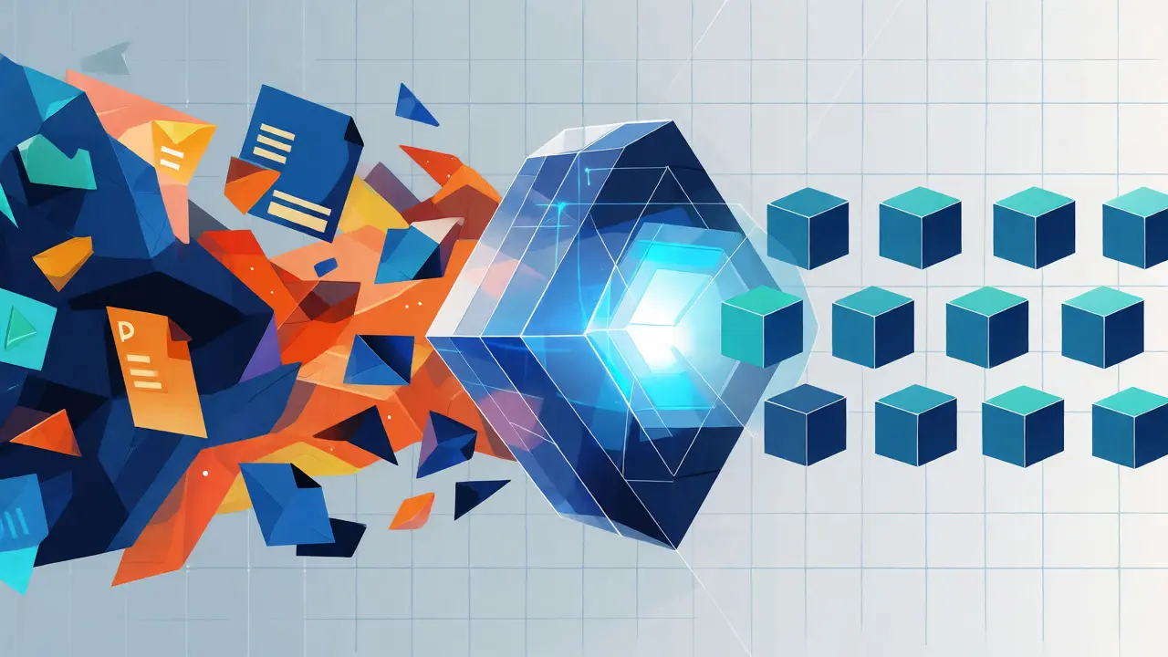 Abstract geometric shapes flowing through an AI engine to become structured data cubes.