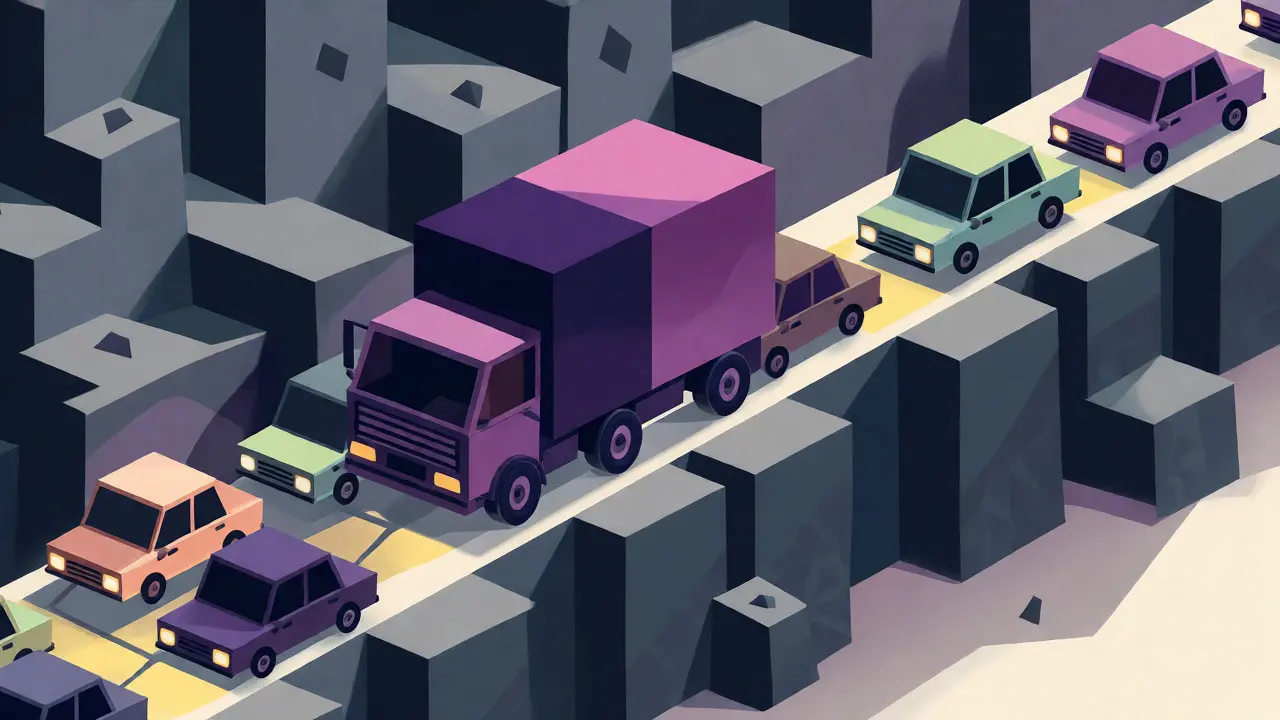 Abstract traffic jam showing a large request blocking smaller ones in a queue.