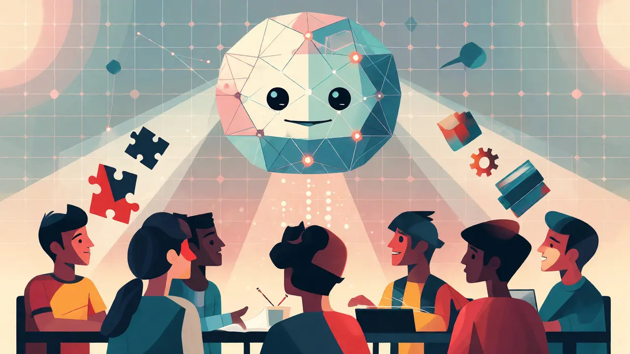 AI entity projecting customized geometric shapes to diverse students in a stylized educational setting.