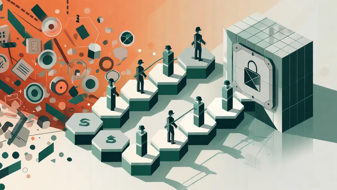 Data flowing through checkpoints into a secure vault representing AI governance.