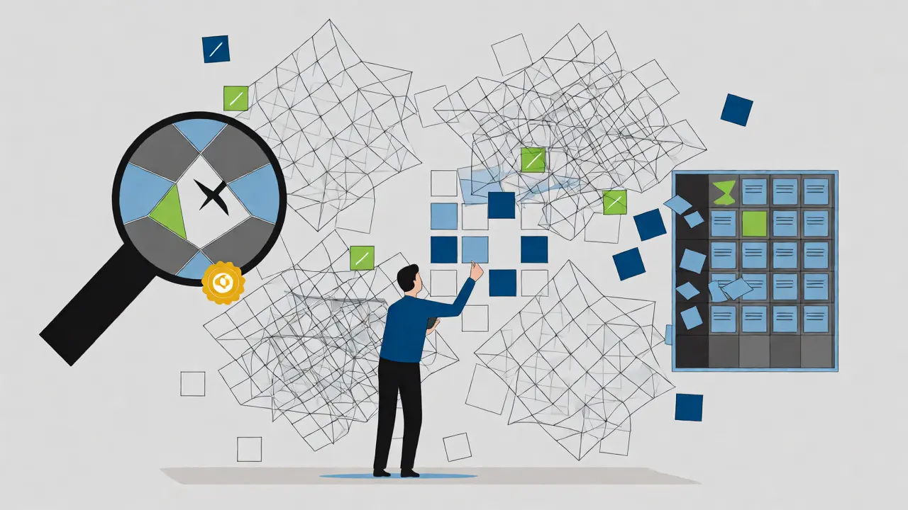 Developer organizing code patterns and fixing vulnerabilities in a structured refactoring session.