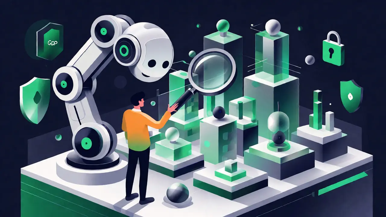 Developer working with a geometric AI robot over layered digital service modules