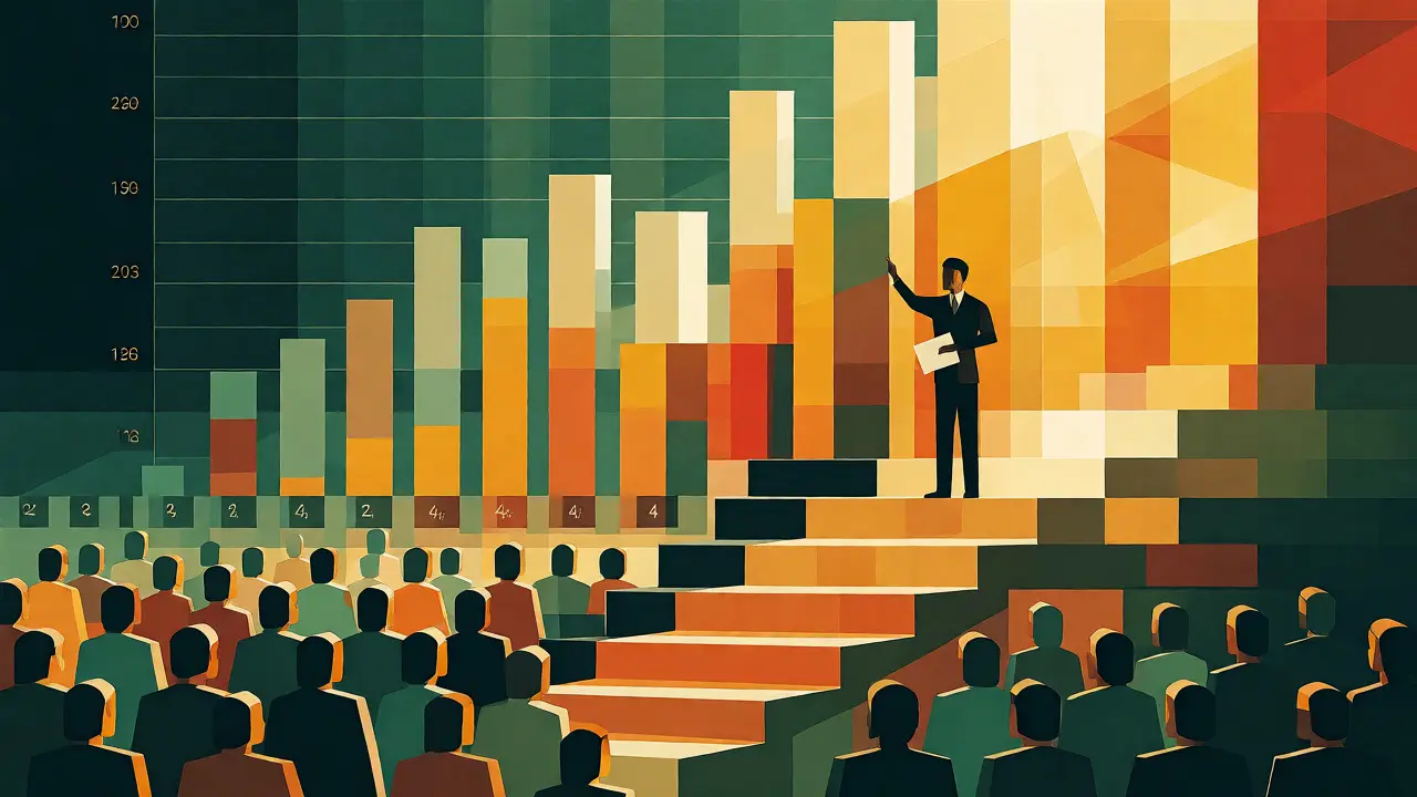Executive presenting rising ROI metrics as geometric blocks to a board during the scaling phase.