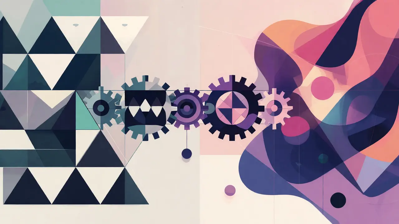Geometric contrast between rigid logical structures and fluid creative forms