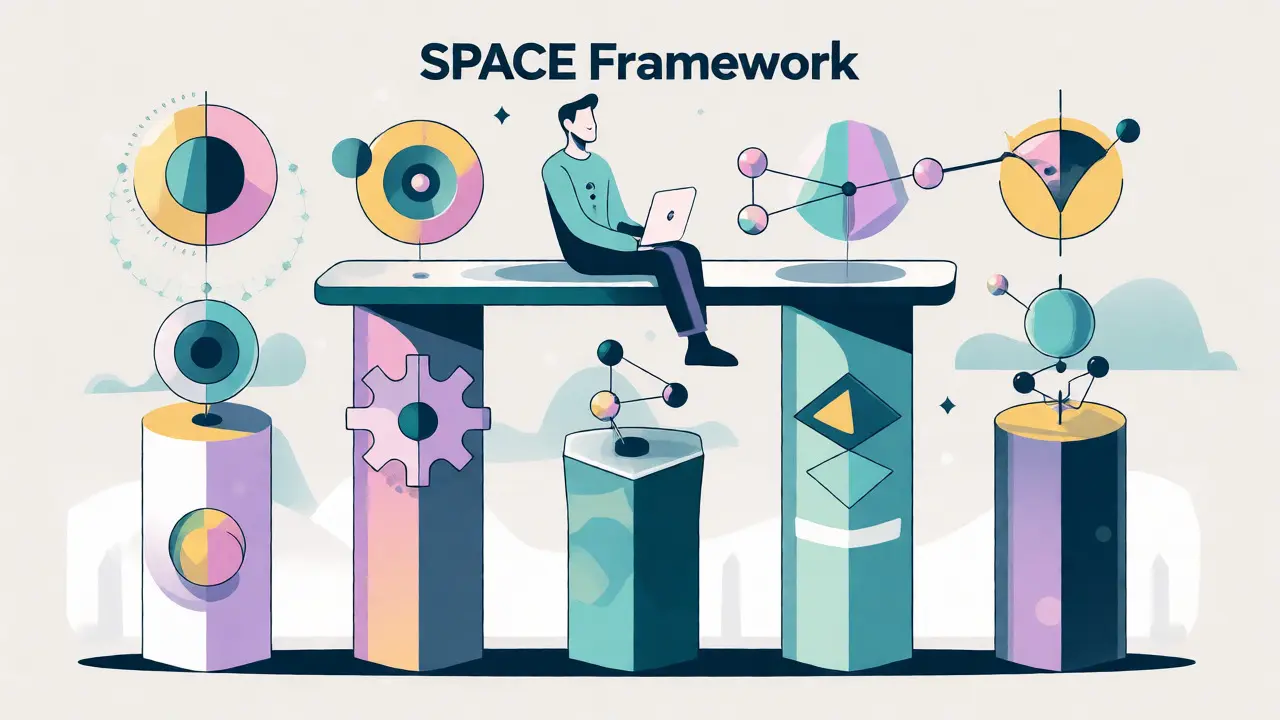 Geometric pillars supporting a developer in a flow state representing SPACE framework.