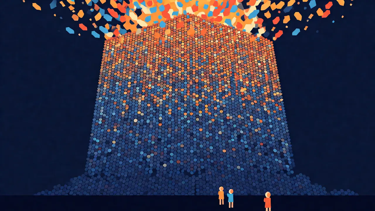 Geometric visualization of a massive LLM structure emitting creative outputs above small human figures.
