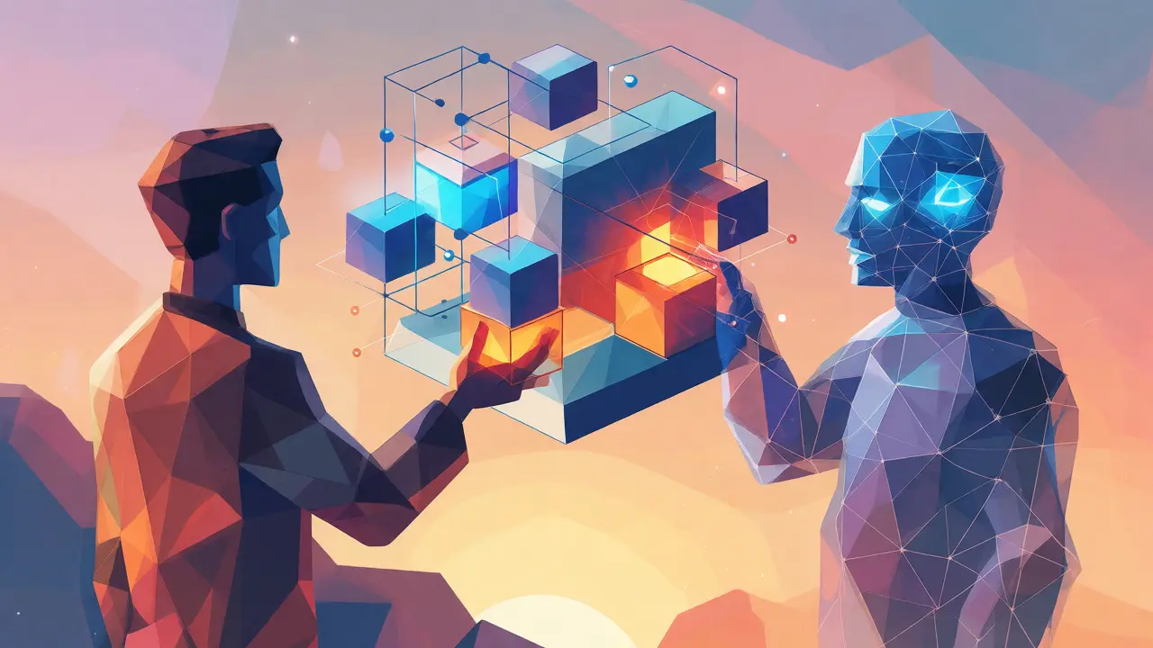 Human teacher and geometric AI avatar collaboratively supporting a student's knowledge structure.