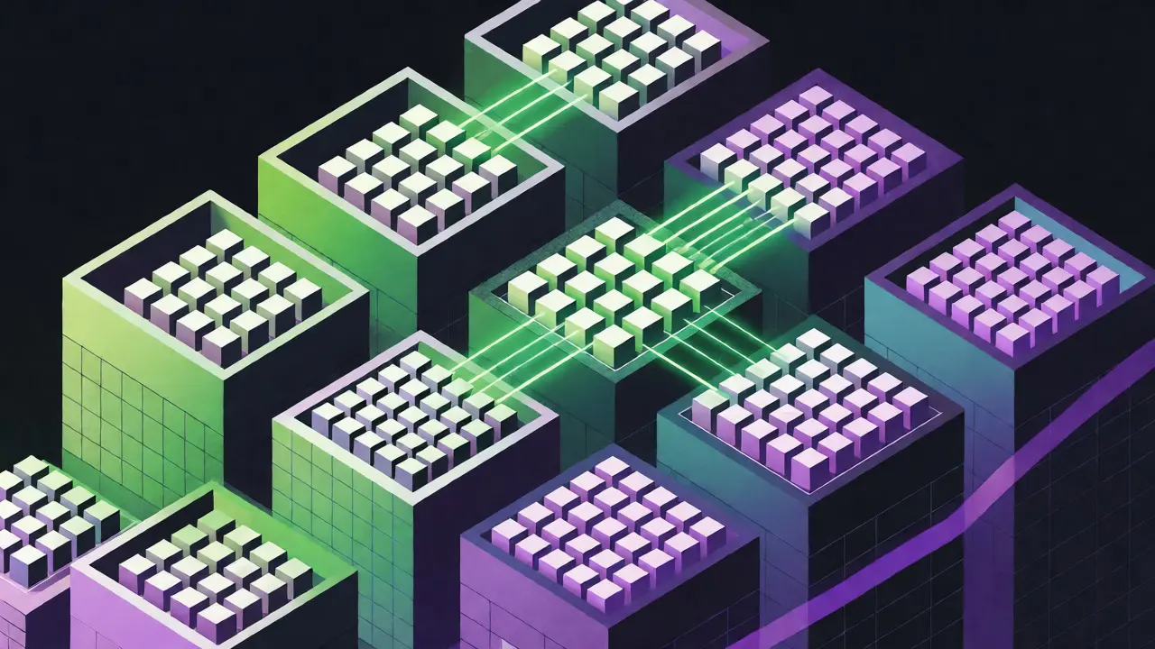 Isometric geometric art of optimized KV cache and prefix caching structures.