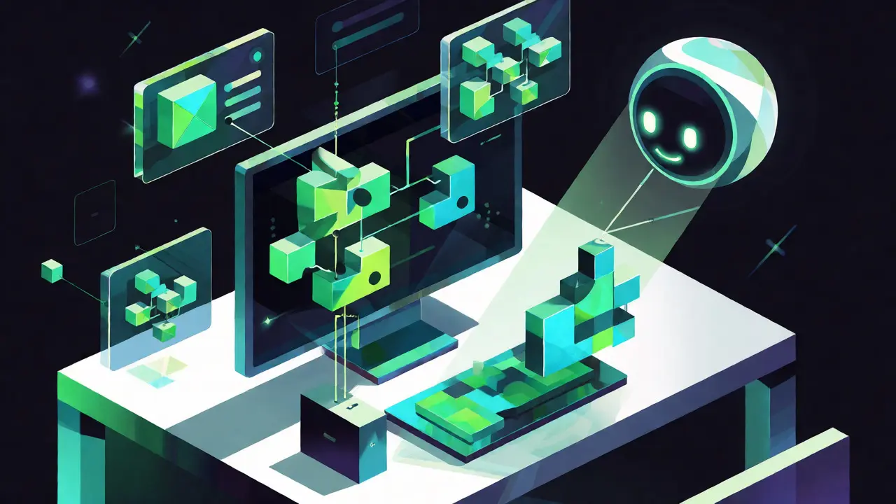 Isometric view of a developer collaborating with an AI assistant using geometric code panels.