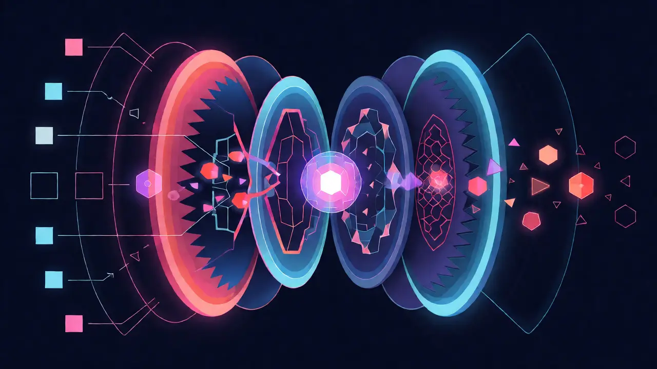 Layered geometric shields protecting a central AI core from unauthorized data access.