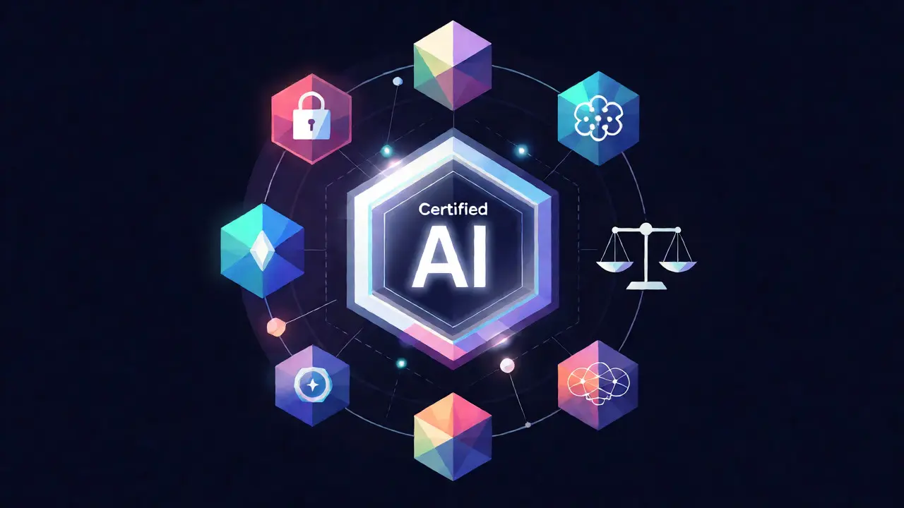 Low-poly style certification badge surrounded by symbols for AI security and fairness.