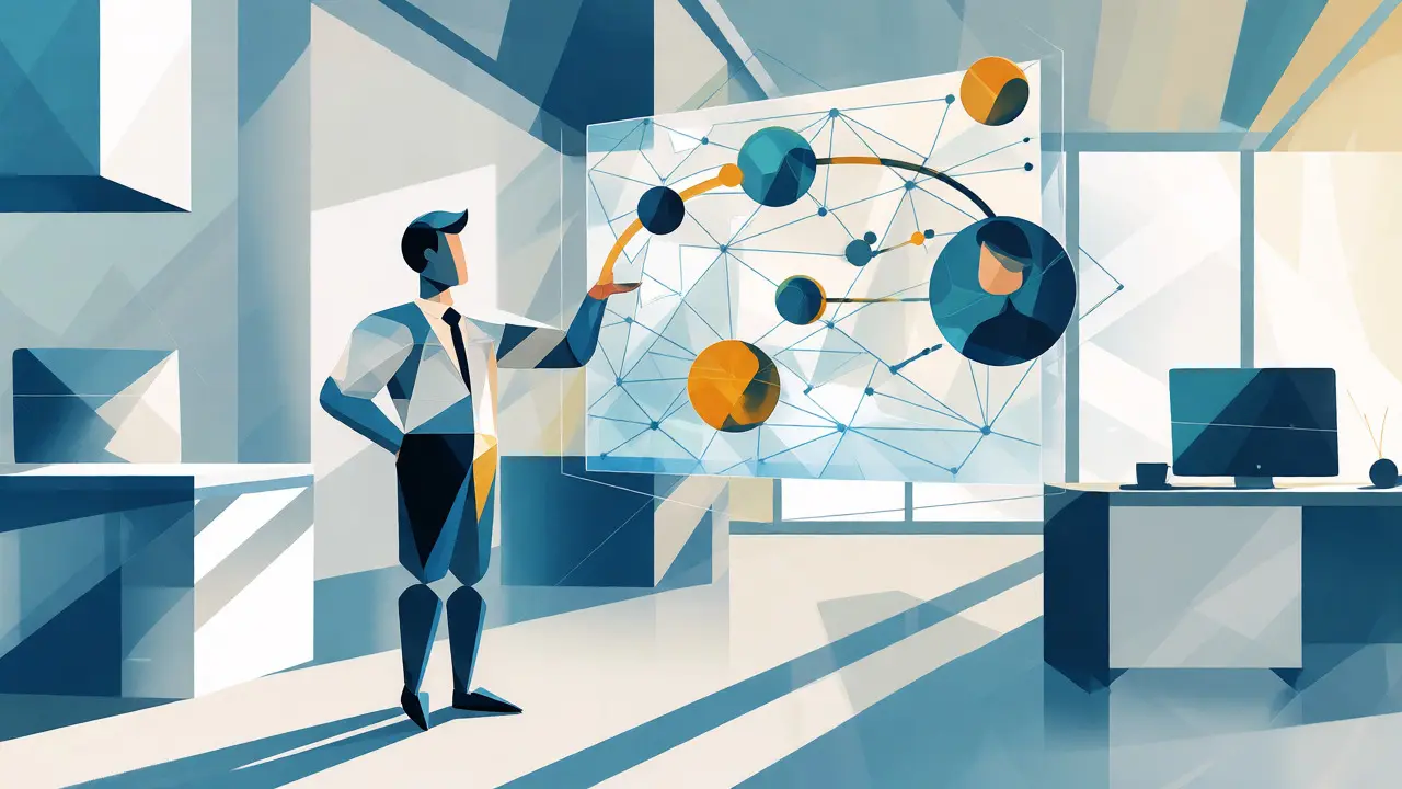 Recruiter interacting with a holographic dashboard showing ranked candidate matches.