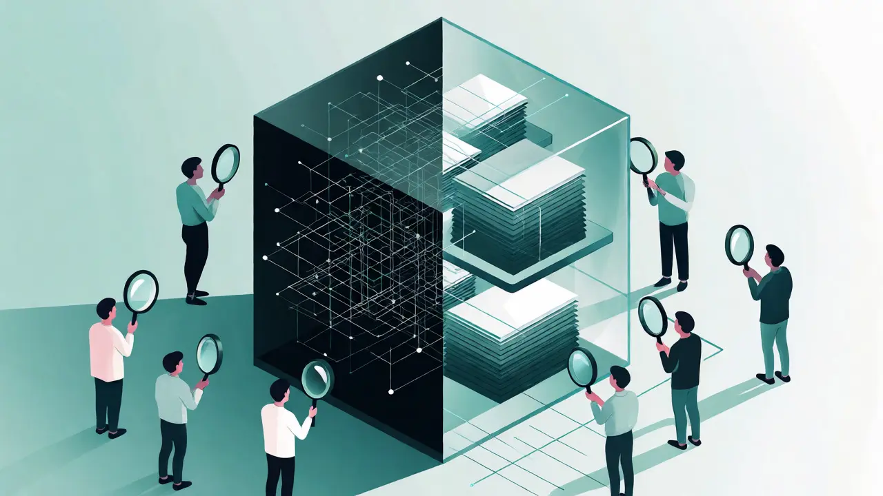 Split geometric cube showing hidden AI risks versus transparent logical processes.