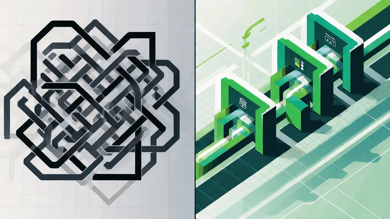 Split-screen geometric art contrasting chaotic AI paths with streamlined, rule-based efficient workflows.