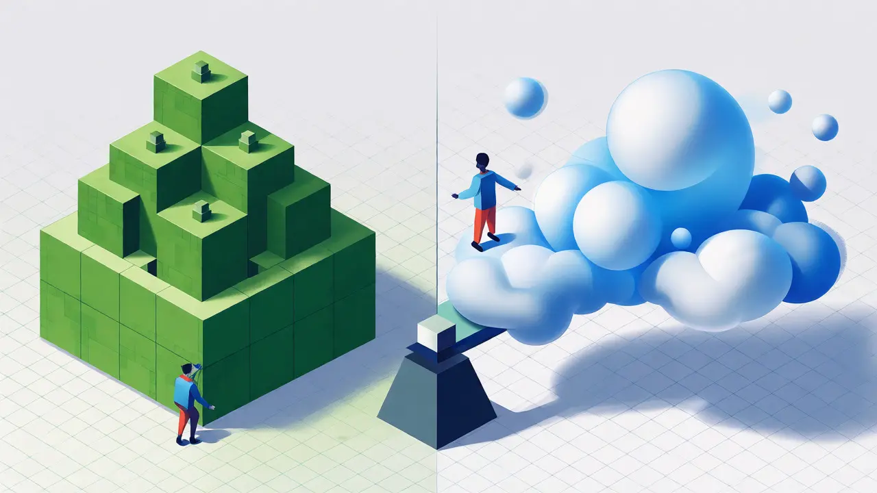 Split view comparing rigid owned hardware cubes against flexible cloud rental spheres.