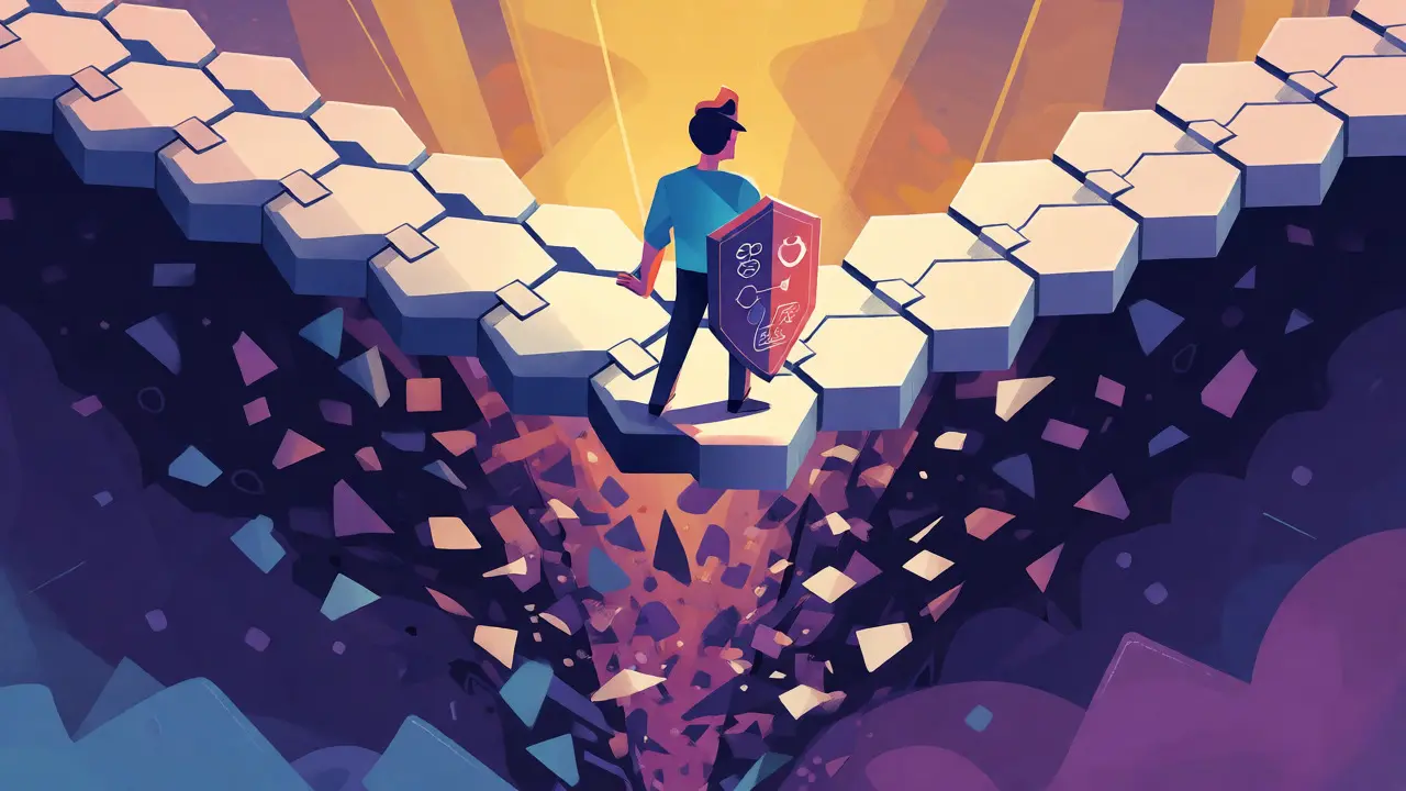 Startup founder crossing a stable code bridge over a sea of technical debt chaos.