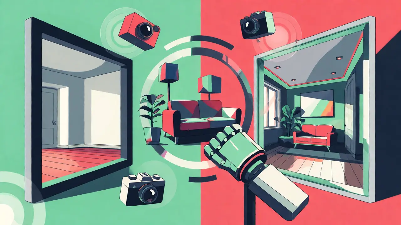 Stylized depiction of AI generating virtual staging and tours from empty rooms.