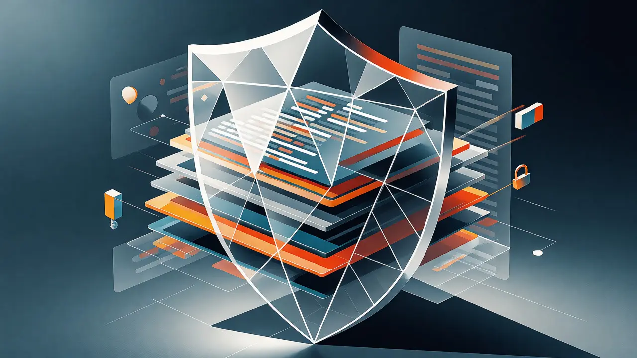 Stylized geometric shield protecting layered code structures from external data access.