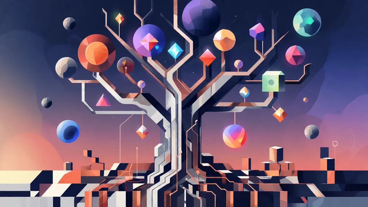 Stylized geometric tree with glowing polyhedral fruits growing from circuit-board roots against a twilight sky.