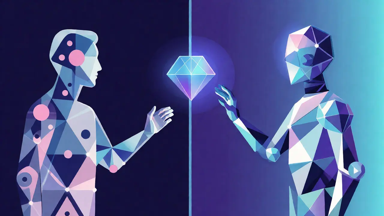 Stylized human and AI figures interacting with a transparency disclosure symbol