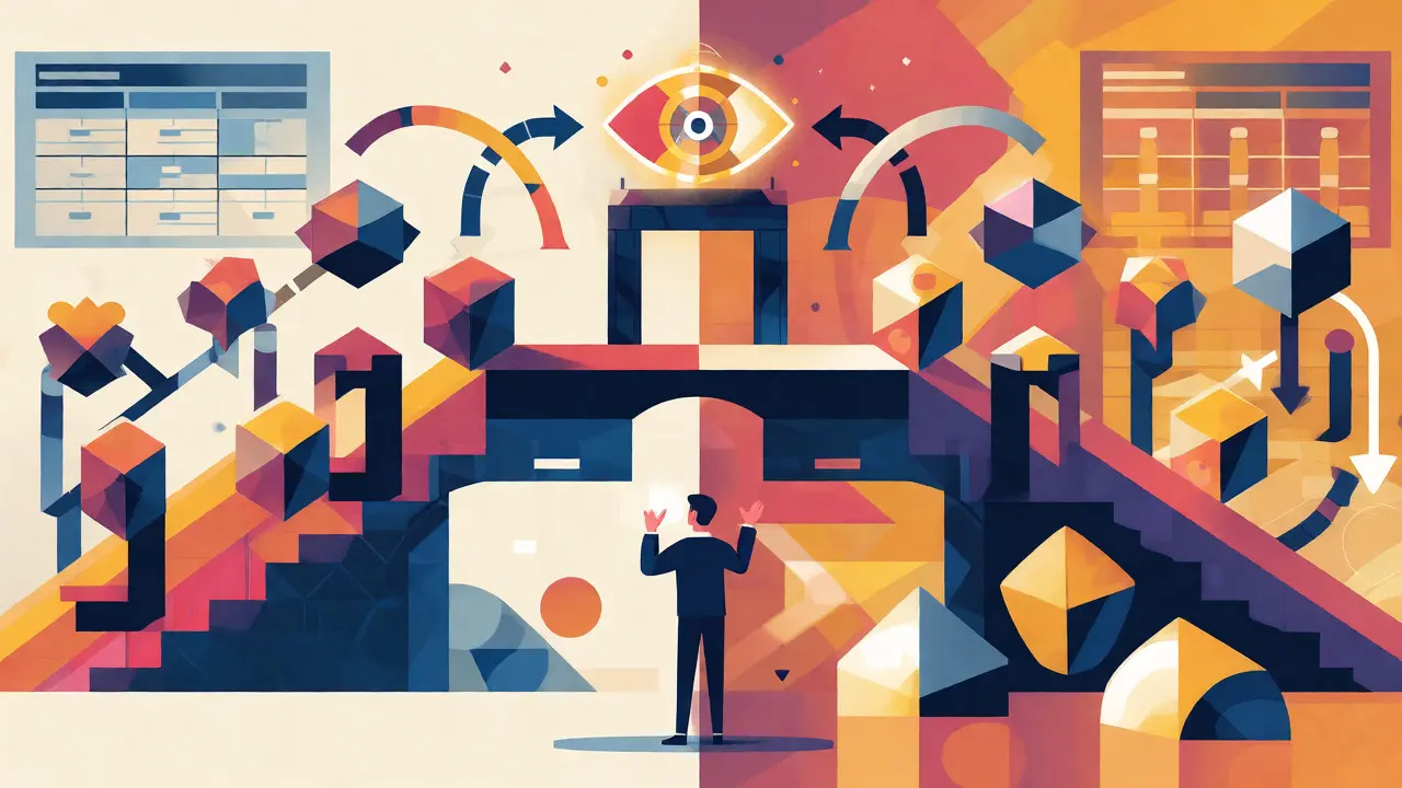 Supervisor reviewing AI-built structures with checkpoints in geometric art