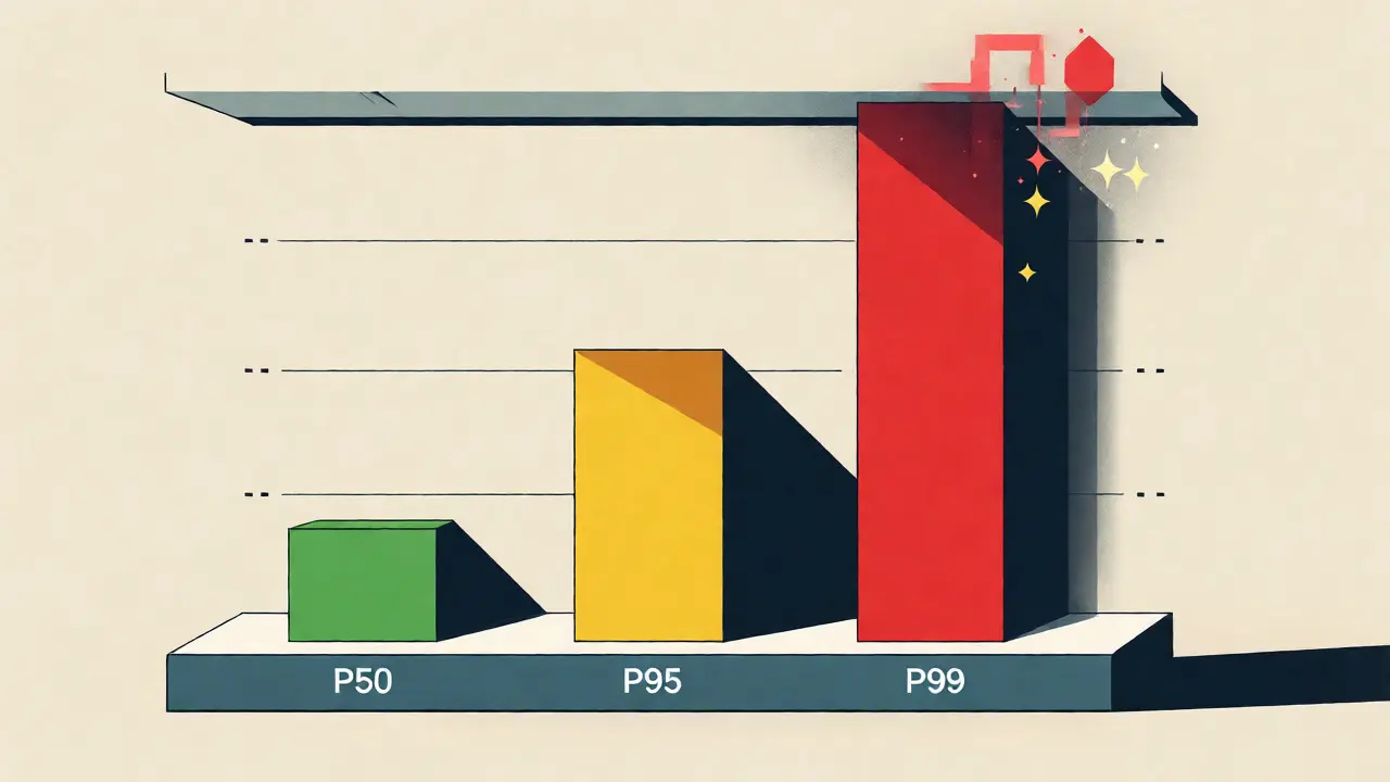 Three geometric bars rising to different heights representing latency percentiles.